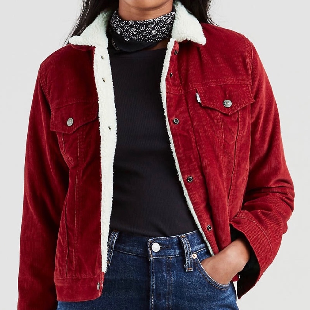 NWT Levi's Original Trucker Corduroy Sherpa Jacket Red Dahlia Small